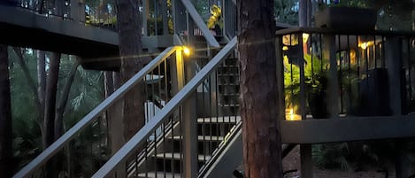 Een houten trap leidt naar een platform met leuningen, omringd door bomen en een fiets.