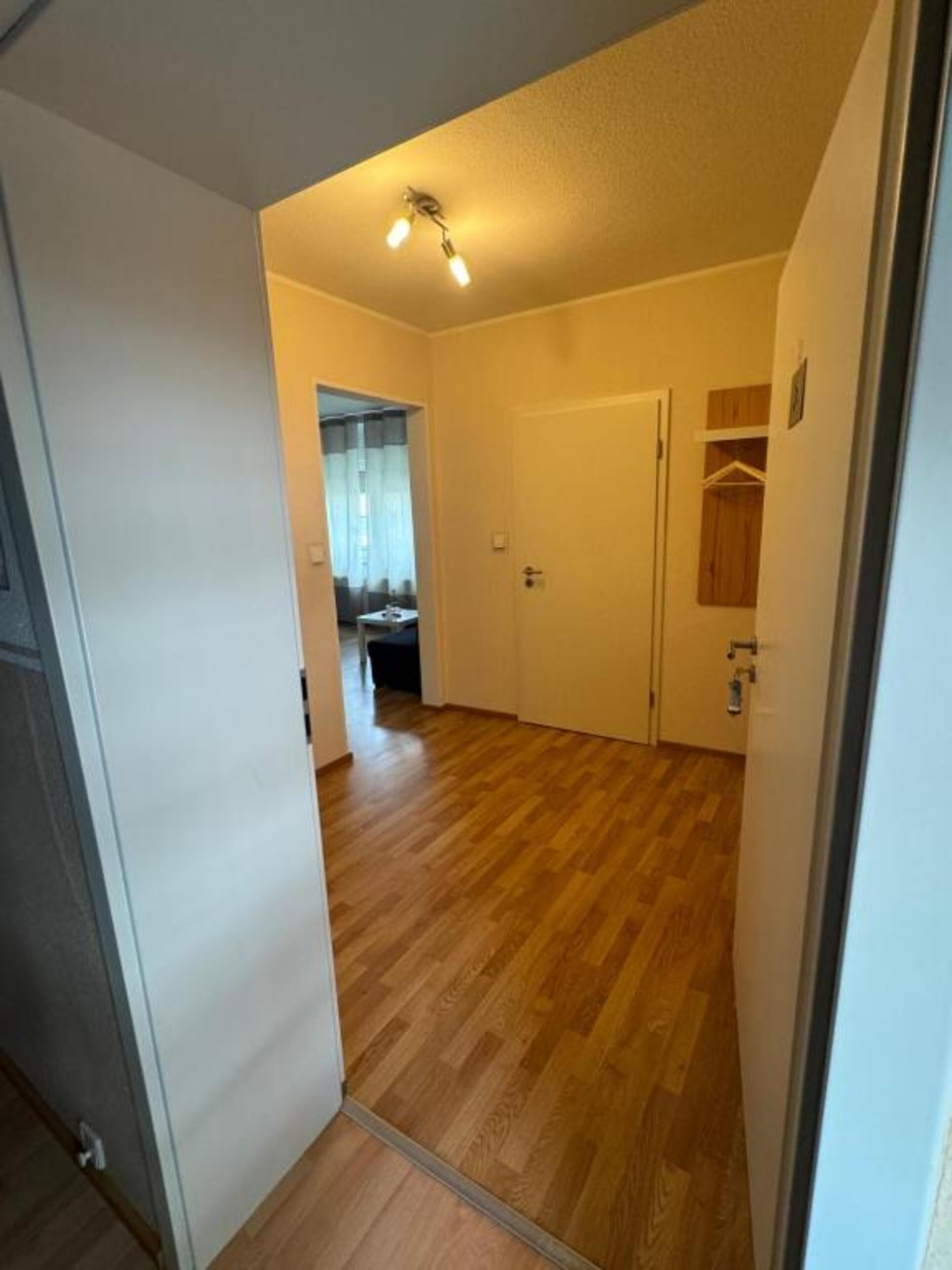 Ein Flur mit Holzboden, einer Tür rechts und einer Deckenleuchte.