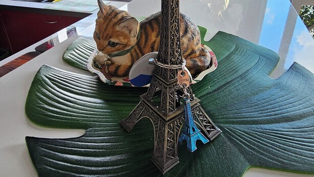 A table with a decorative Eiffel Tower model, a cat, and a vase of white flowers.