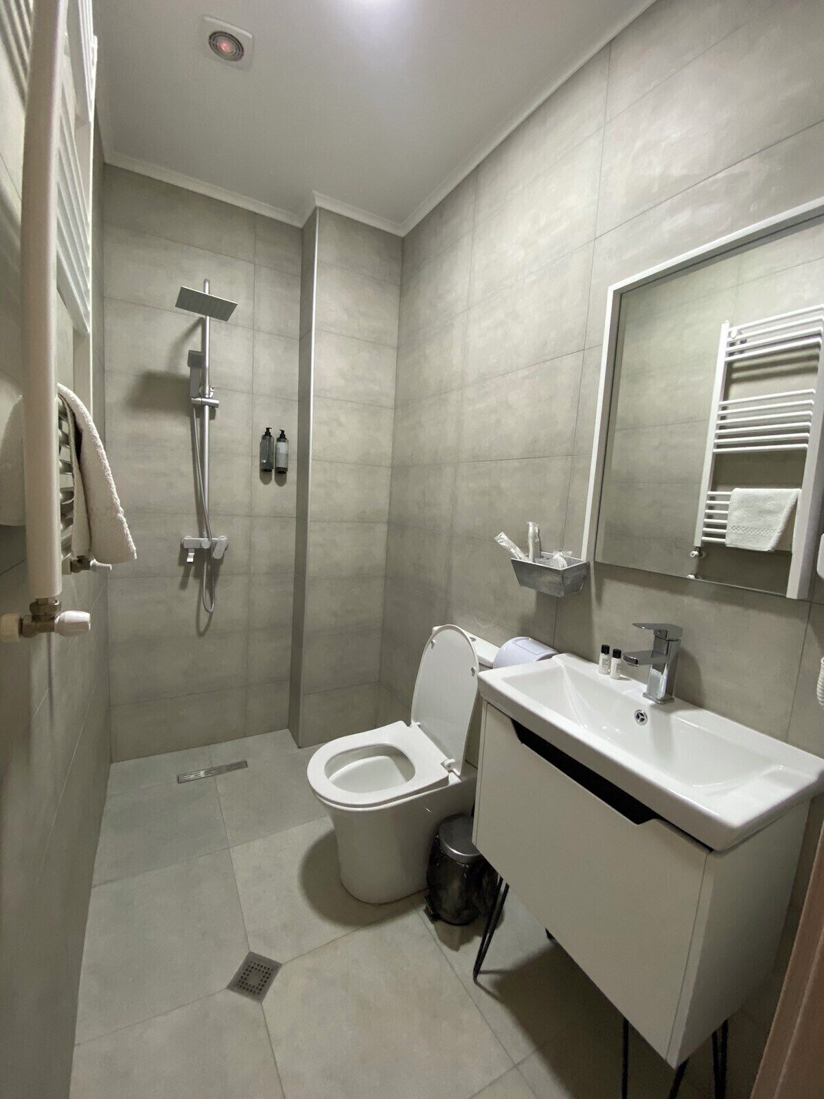 A modern bathroom with a shower, toilet, and sink.