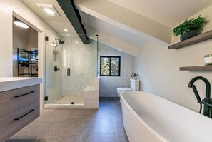 Shower, towels, soap, shampoo