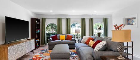 Smart TV, fireplace, table football, ping pong