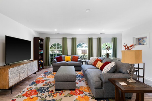 Smart TV, fireplace, foosball, table tennis