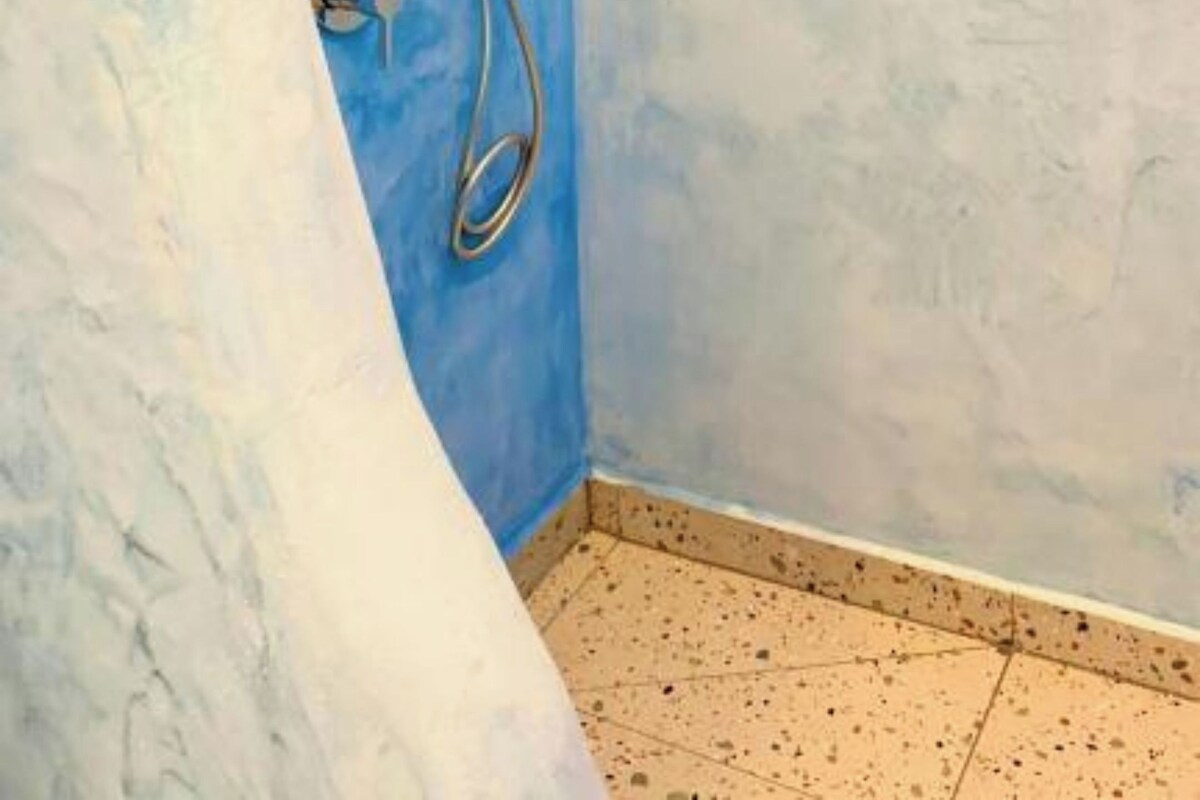 Un petit espace douche fermé, avec un mur bleu et un pommeau de douche.