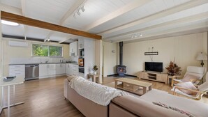 A modern living space with a kitchen, a sofa, a TV, and a fireplace.
