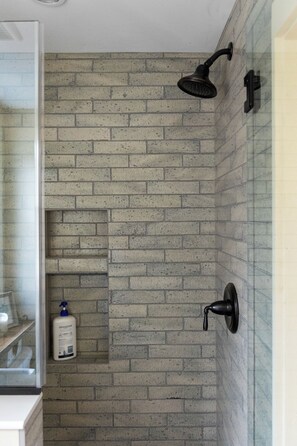 Hair dryer, towels, soap, shampoo