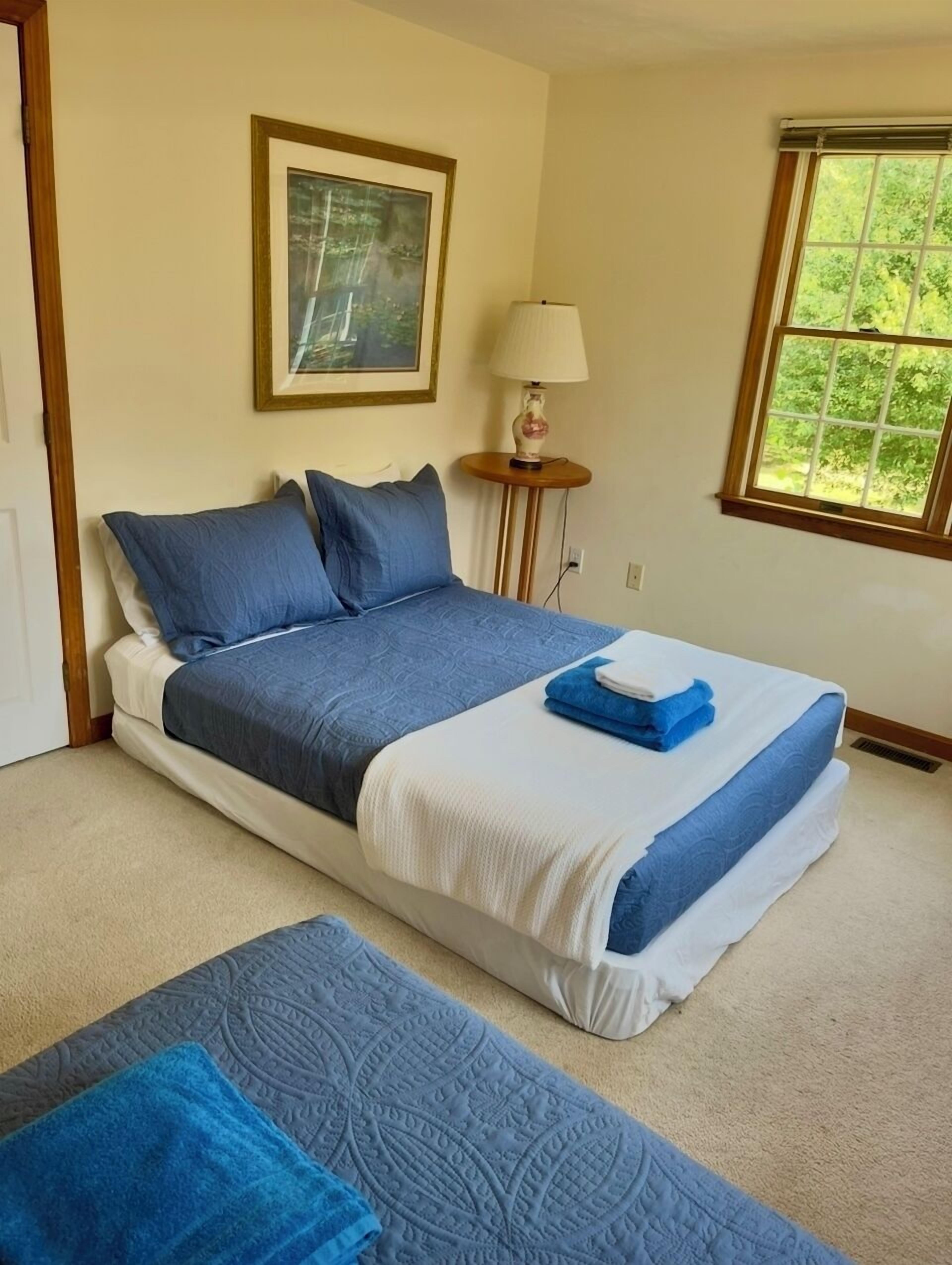 A neatly made bed with blue bedding, a small bedside table with a lamp, a framed picture on the wall, and a window with a view of greenery.