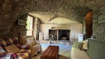 Tv, eldstad, dvd-spelare och ett bordtennisbord