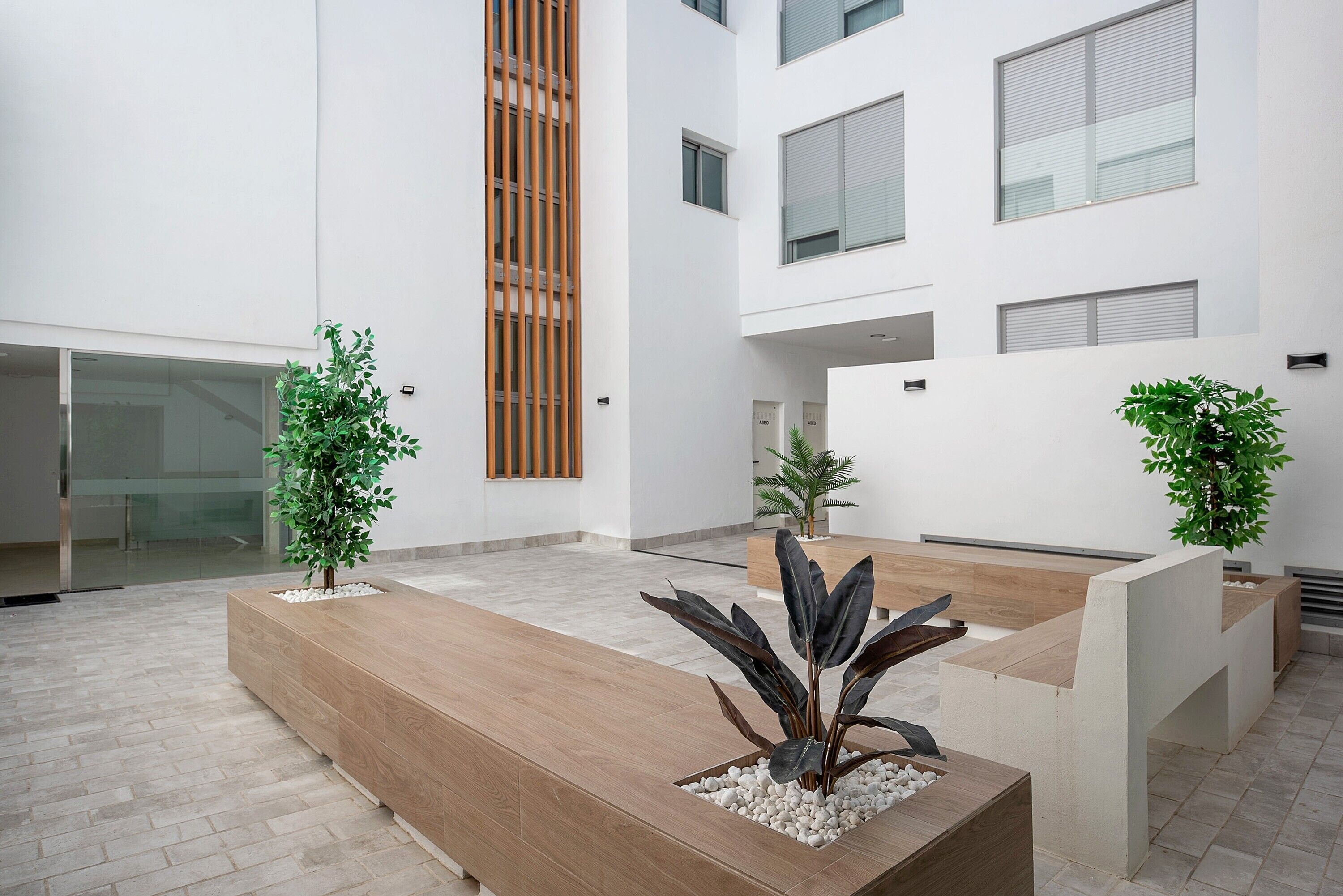 Un espace intérieur moderne avec un banc en bois, des plantes en pot et une porte en verre.