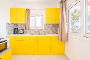 Fridge, oven, stovetop, coffee/tea maker