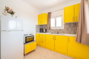 Fridge, oven, stovetop, coffee/tea maker