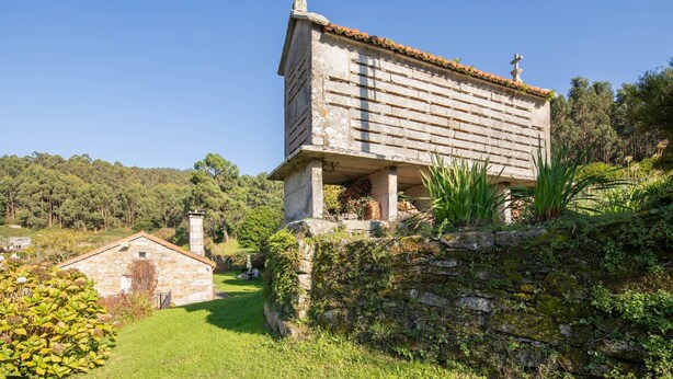 Edifici de pedra amb teulada de rajola, envoltat de vegetació i sota un cel serè.
