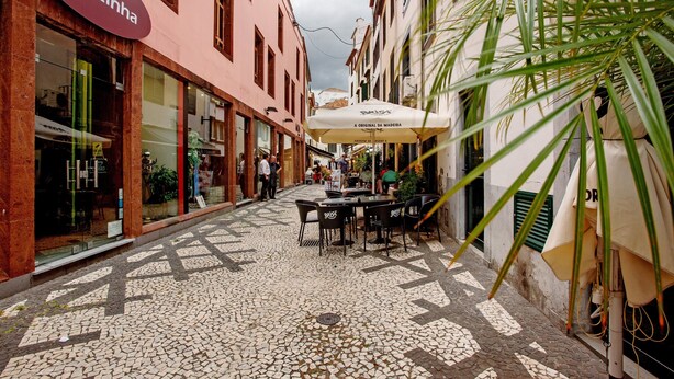 Una stretta via con un caffè, un negozio con insegna e una palma.