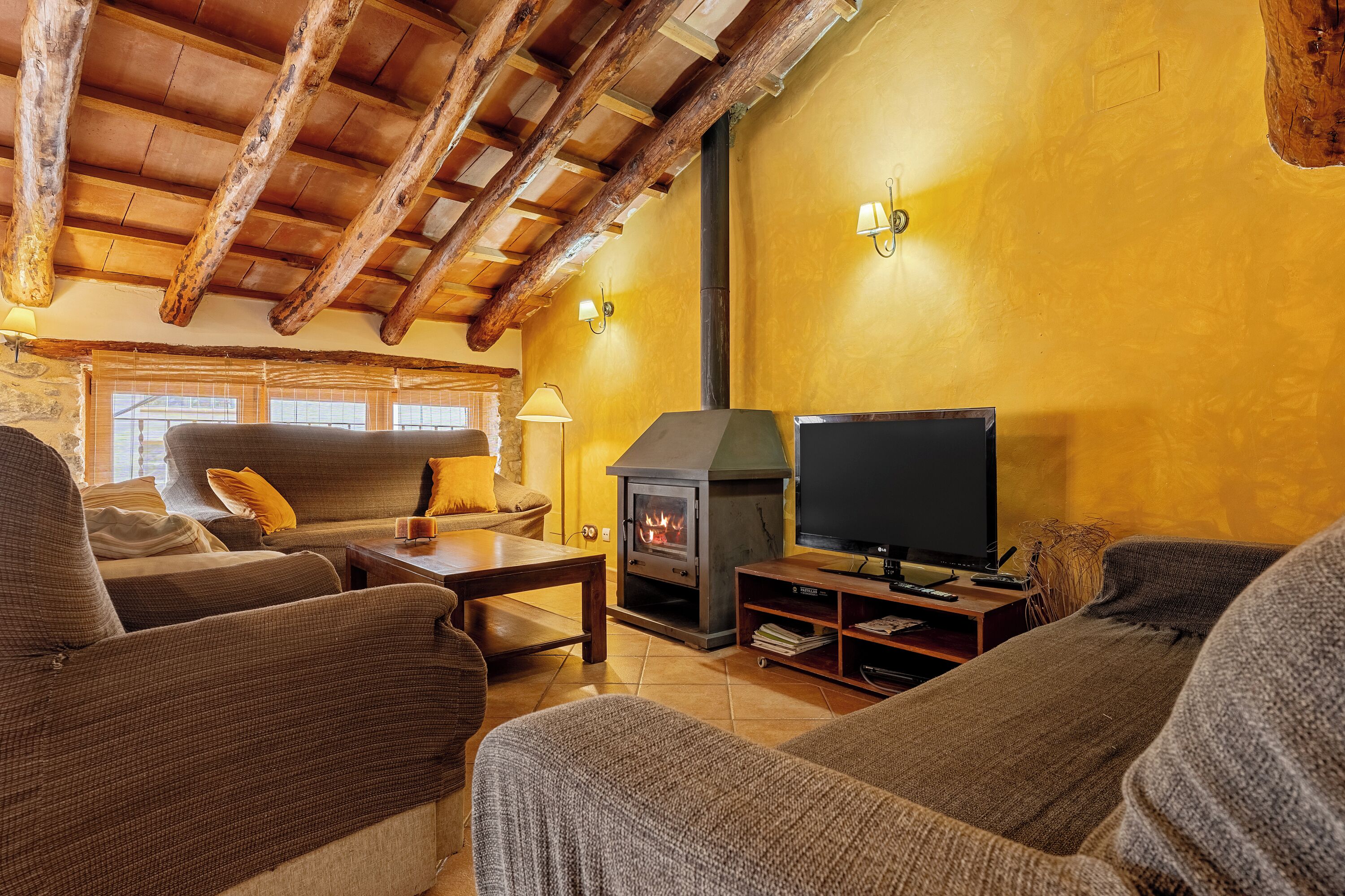 Televisión, chimenea y reproductor de DVD 