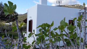 A white building with a chimney, surrounded by greenery and a clear sky. - Black Sand Holiday Home with Sea View and Private Terrace (Naxos)