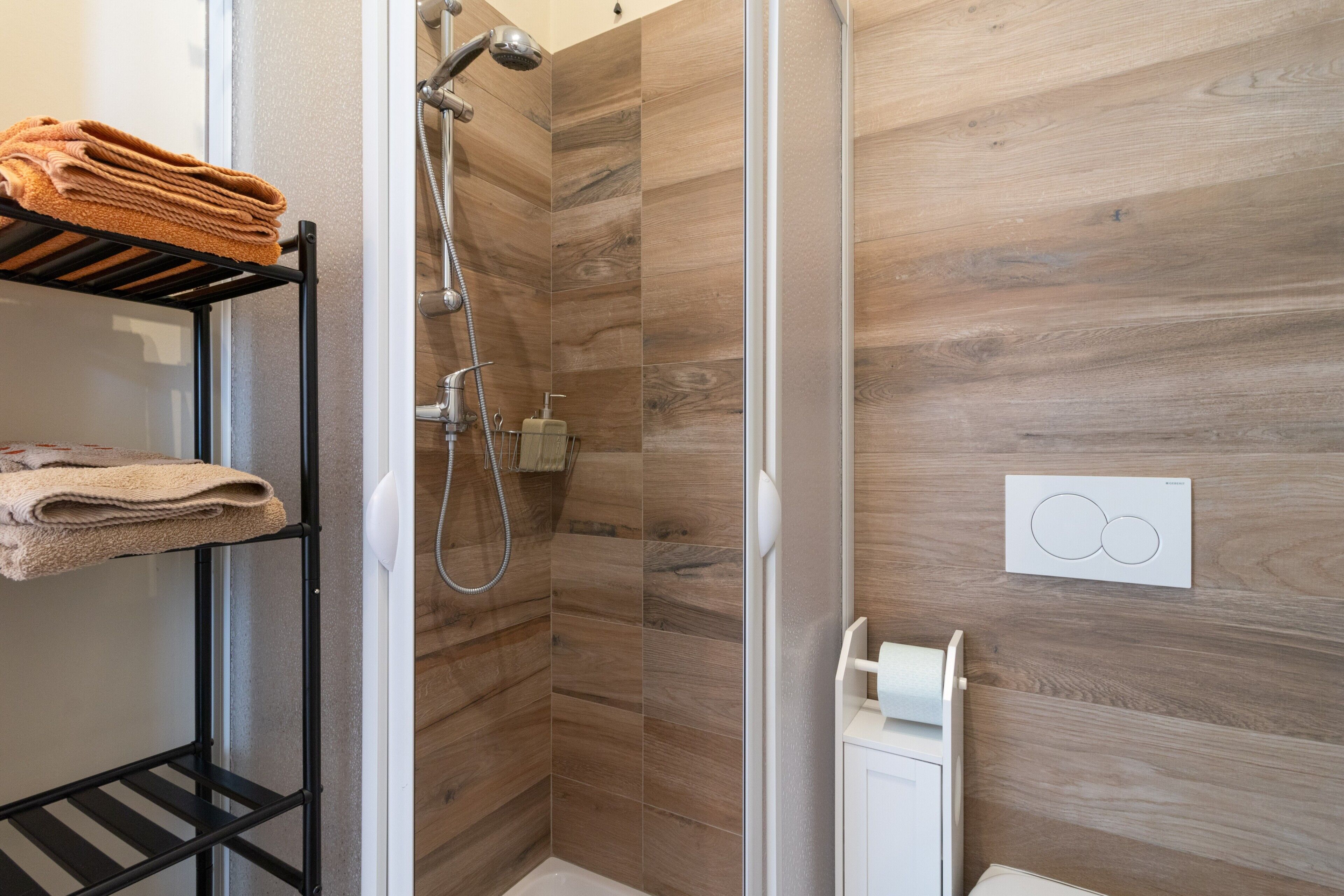 Shower, hair dryer, towels