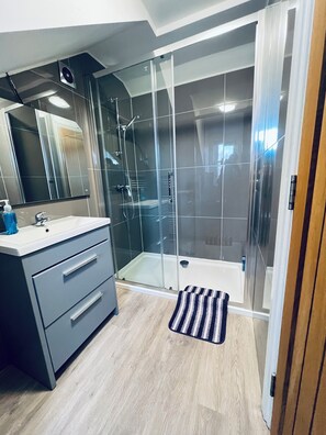 Hair dryer, towels, soap, toilet paper