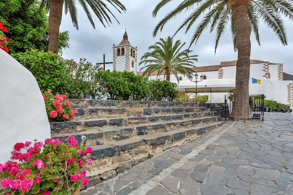 Stone steps leading to a white building with a bell tower, surrounded by palm trees and flowering plants.