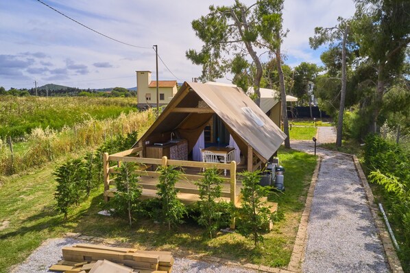 A small, wooden cabin with a sloped roof, a wooden fence, and a gravel path leading to it.