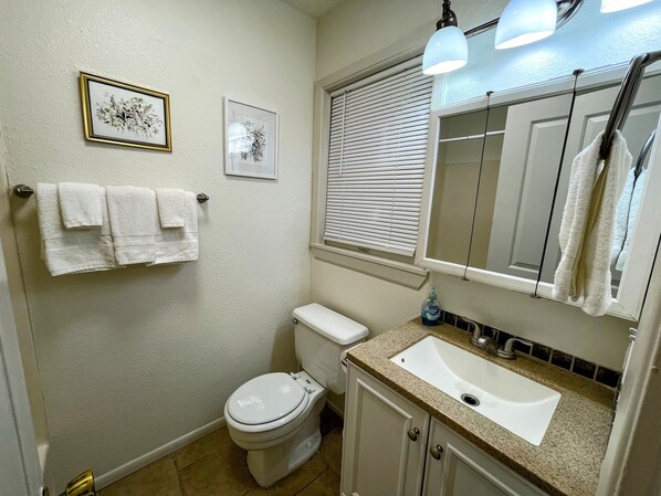 A bathroom with a toilet, sink, and towel rack.
