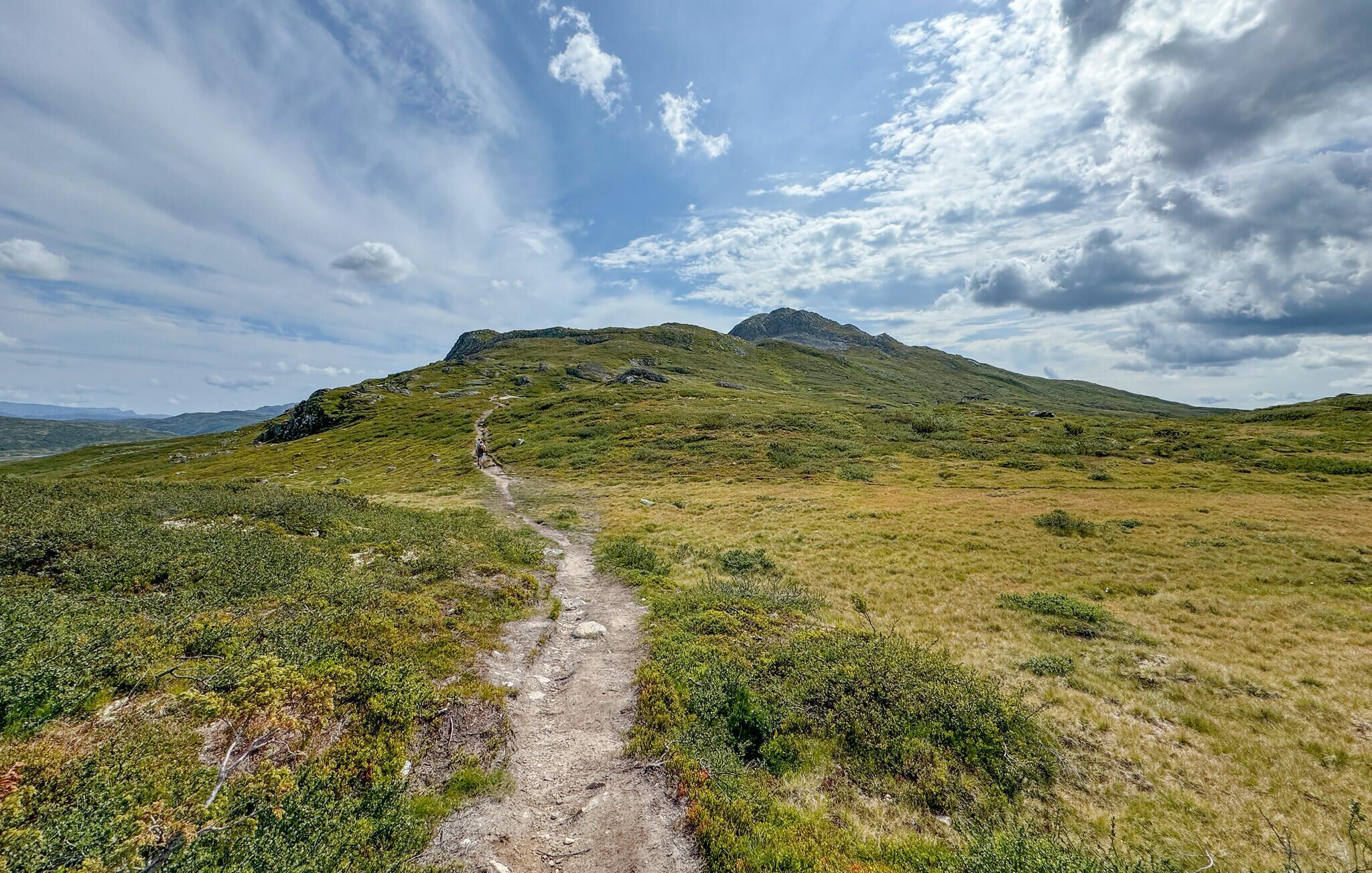 A hiking trail leading to a mountain with a clear sky.