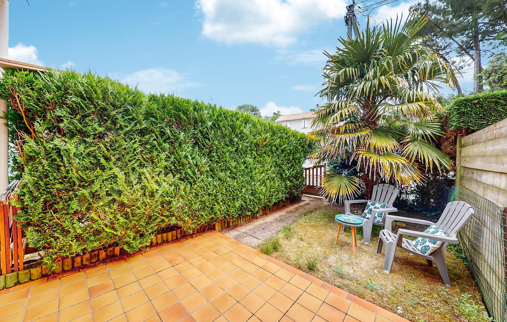 Un'area patio con pavimento piastrellato, recinzione in legno e diverse piante, tra cui un alto siepe e una palma.
