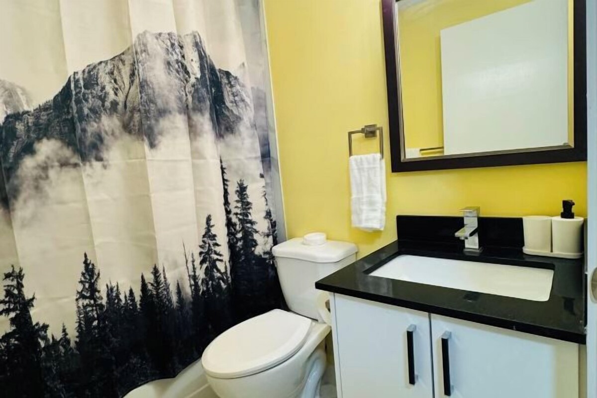 Een badkamer met een douchegordijn met bergmotief, een wit toilet, een zwarte wastafel en een spiegel boven de wastafel.