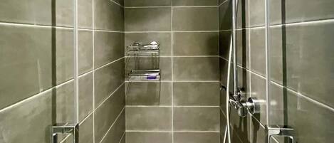 Shower, hair dryer, shampoo