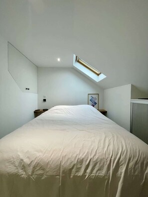 A bedroom with a large bed, a skylight, a mirror, and a small bedside table.