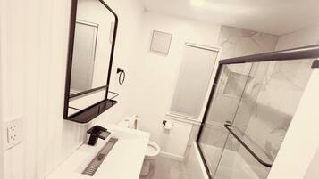 Shower, hair dryer, bidet, towels