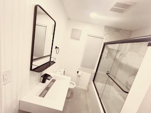 Shower, hair dryer, bidet, towels