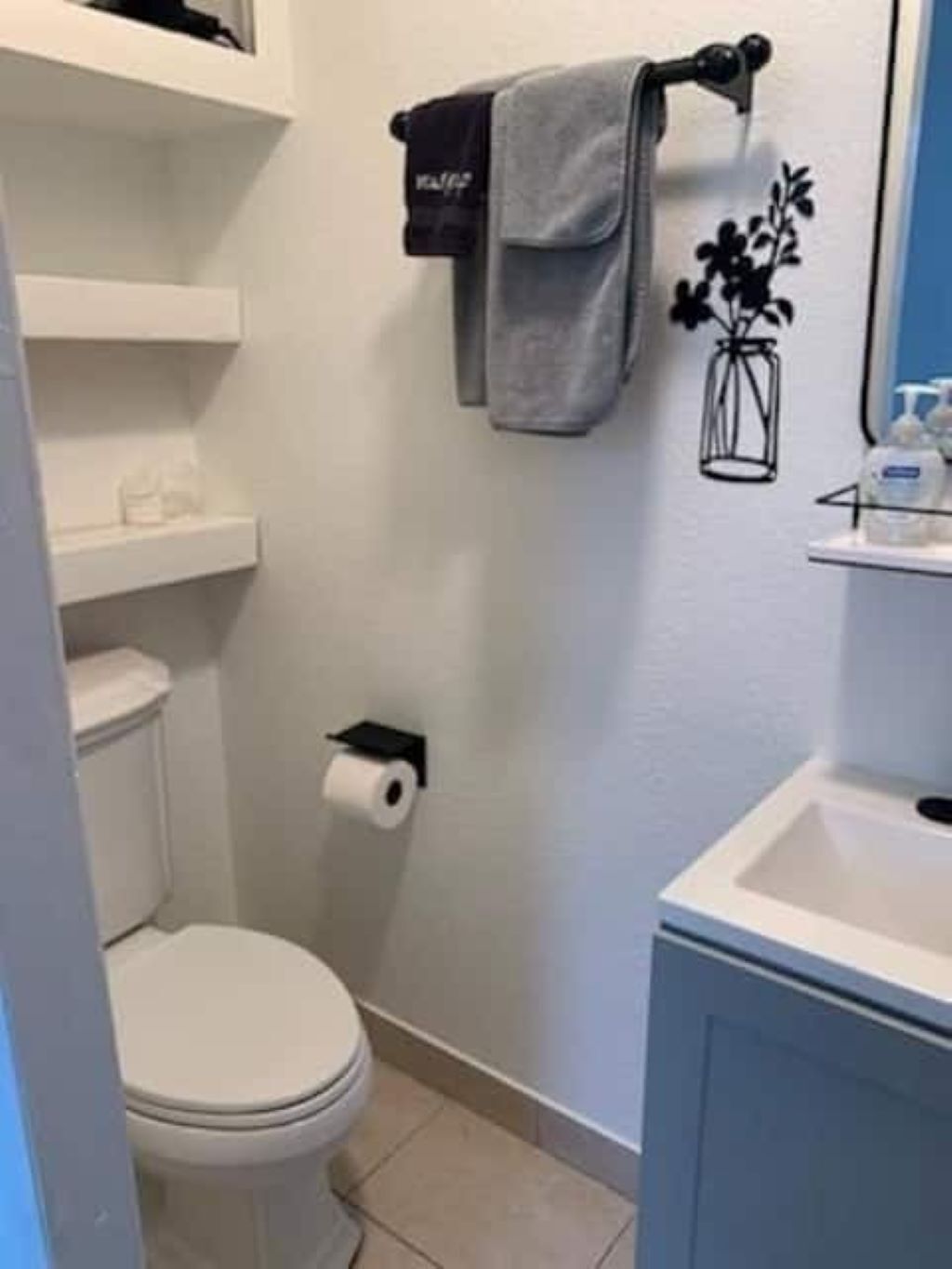 Hair dryer, towels, soap, toilet paper