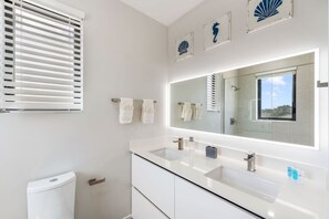 Chuveiro, secador de cabelo, toalhas de banho 