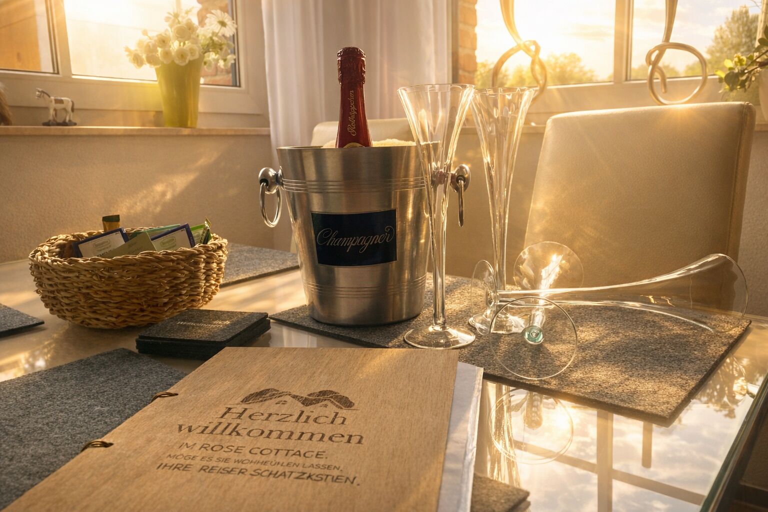 A wooden welcome mat with text, a champagne bucket, and wine glasses on a table by a window.