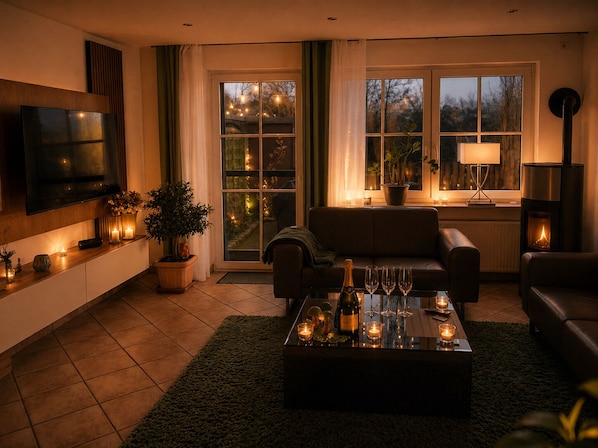 Smart TV, fireplace, books, computer monitors