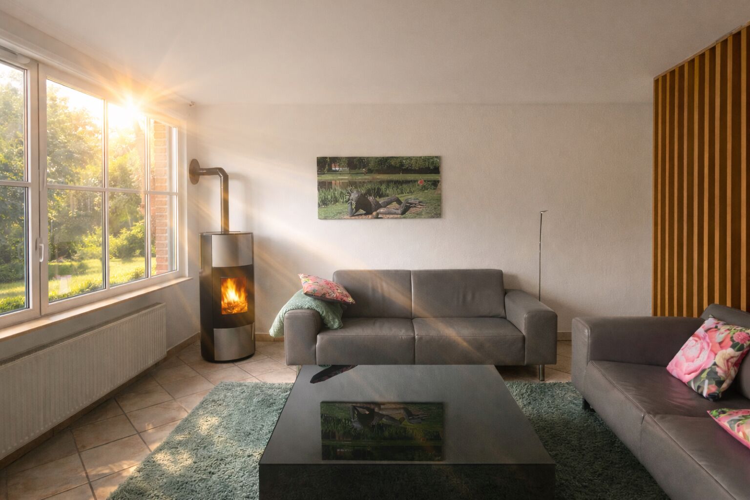 TV connectée, cheminée, livres, écrans d'ordinateur