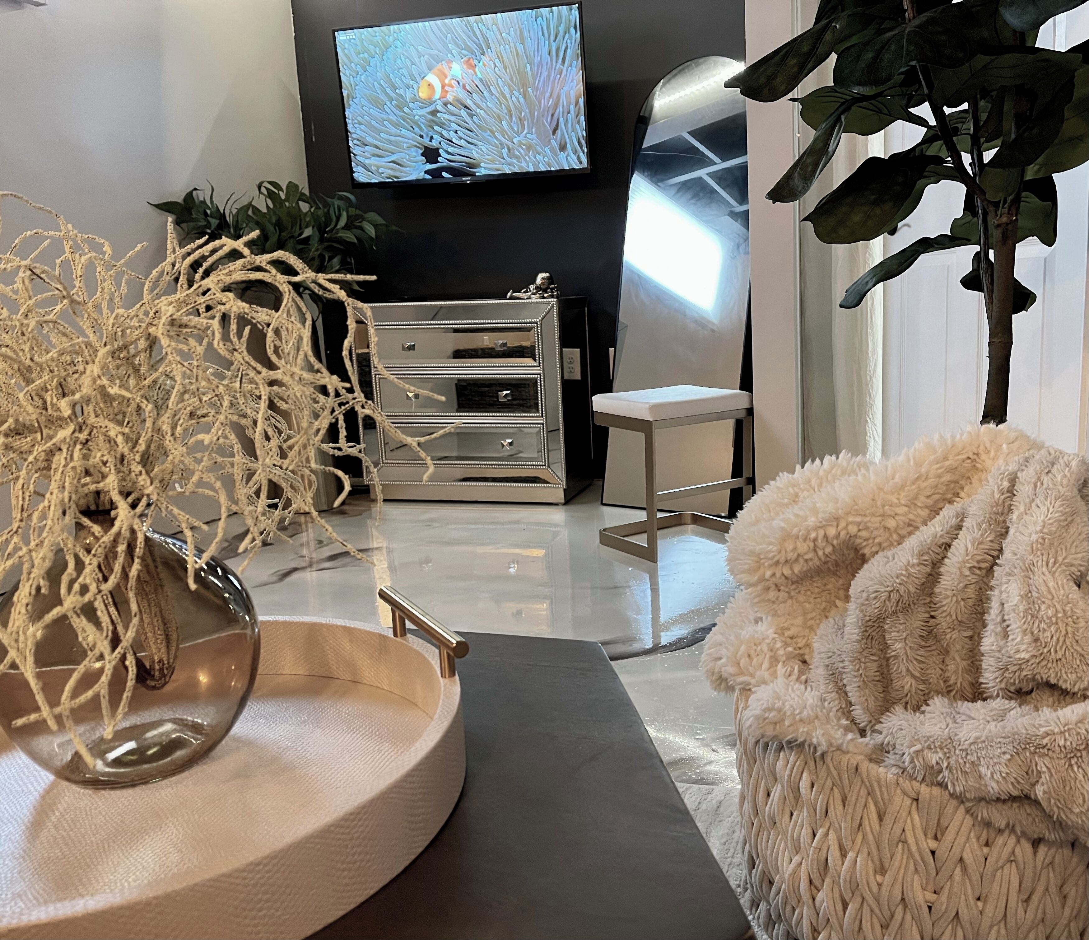 Smart TV, fireplace, video games, books