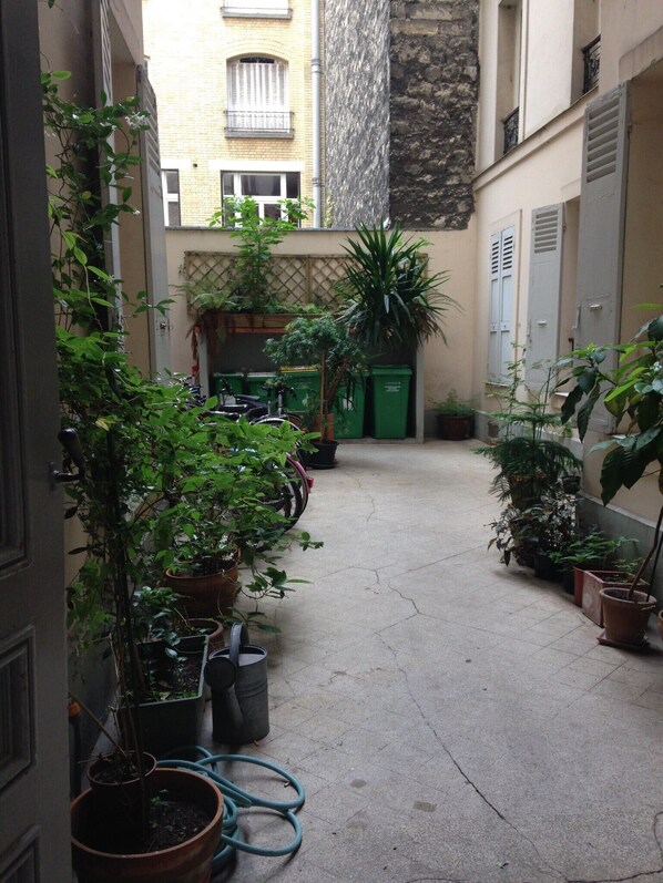Stroll through a charming, plant-lined alleyway to the entrance of our hotel.