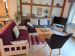Smart TV, fireplace, books