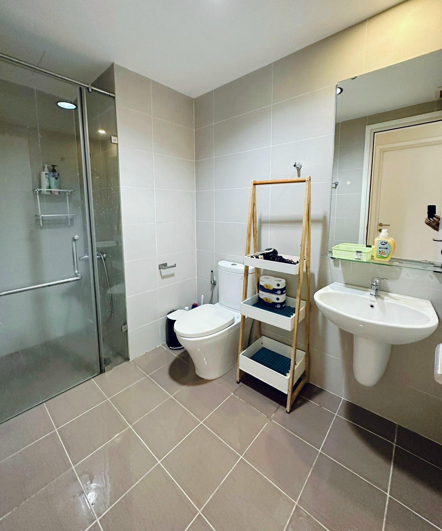 A modern bathroom with a glass shower enclosure, a toilet, a sink, and a wooden shelf unit with storage.