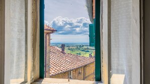 Una ventana que da a una vista de paisaje rural con un edificio de tejado de tejas y un persiano verde.