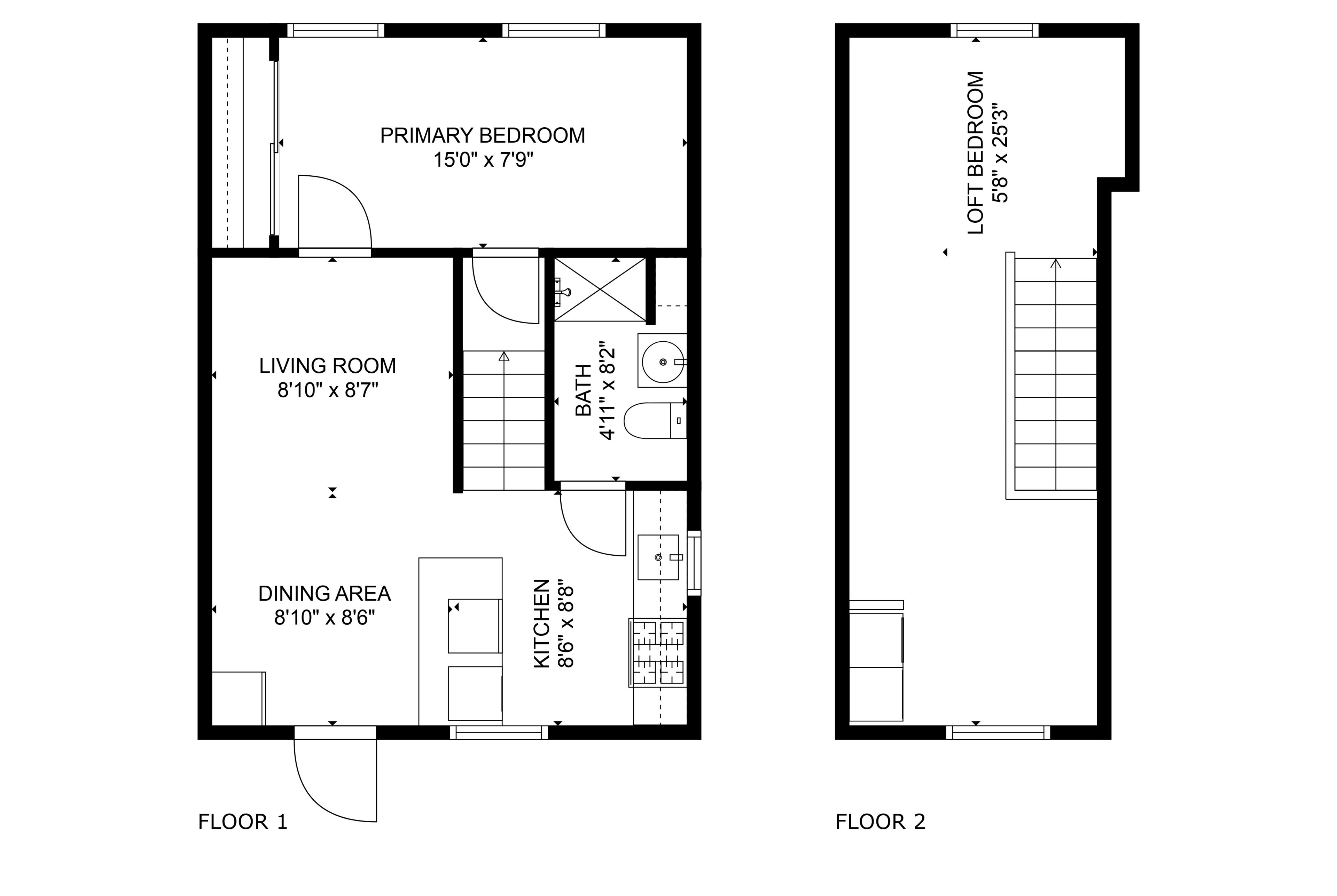 Plan d’étage d’un appartement de deux chambres, comprenant un salon, un coin repas, une cuisine, une chambre principale et une chambre en mezzanine.
