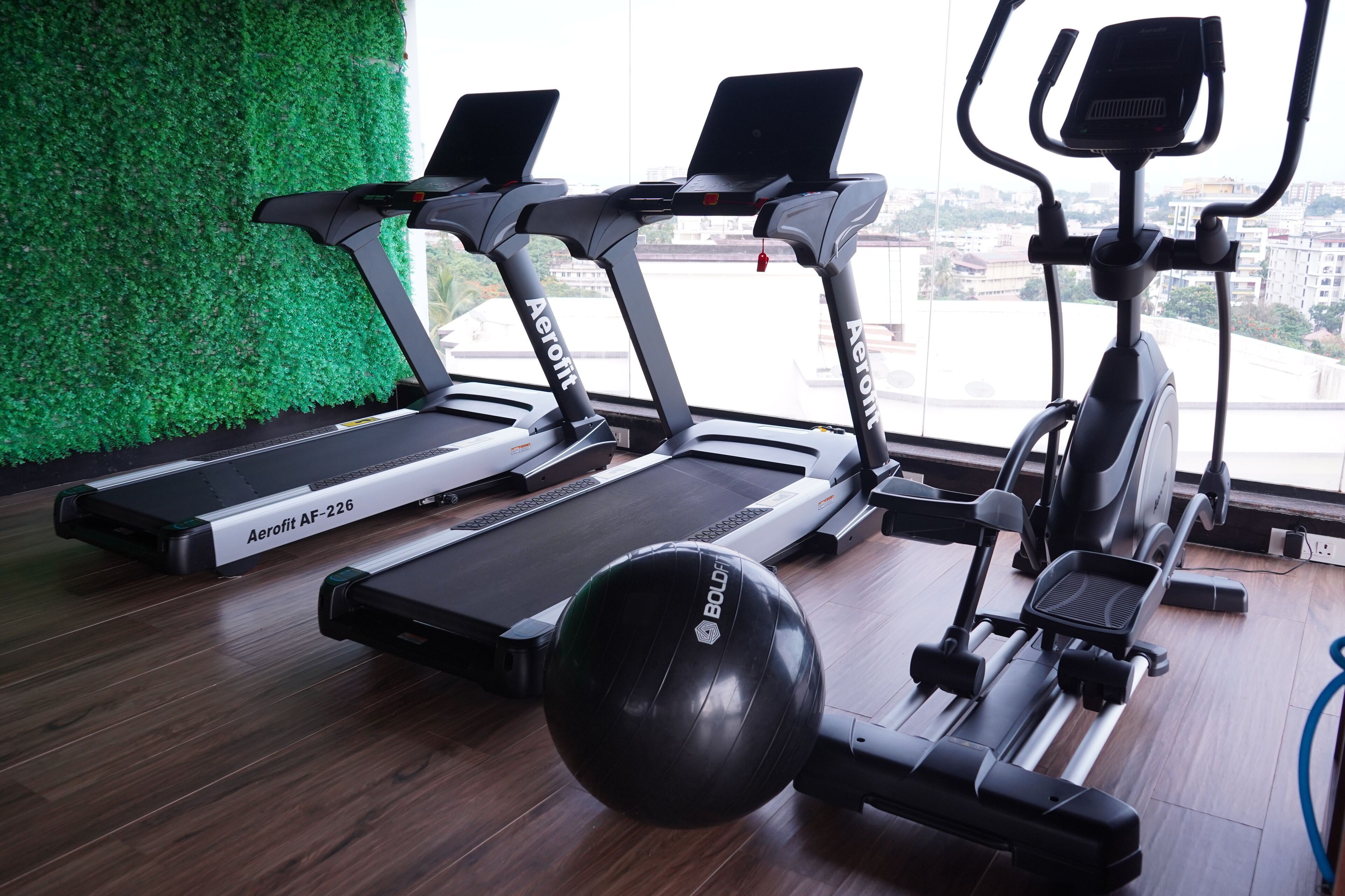 A gym with treadmills, a stationary bike, and a rowing machine.