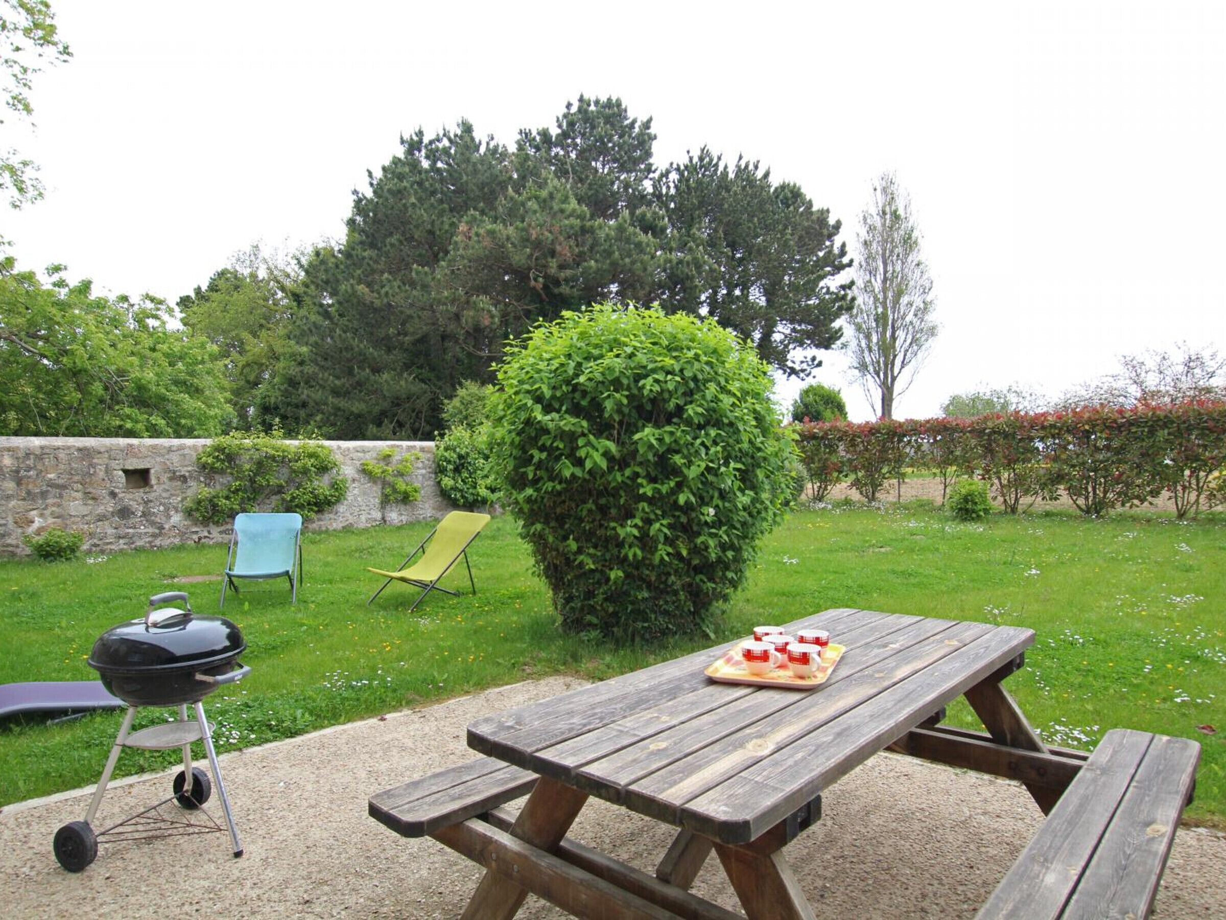 Un'area picnic con un tavolo di legno, un barbecue e una sedia blu in un giardino sul retro, con siepe e alberi sullo sfondo.