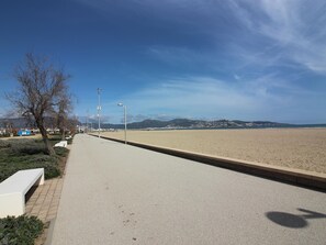 A paved walkway beside a beach with a clear sky, a few trees, and distant mountains.