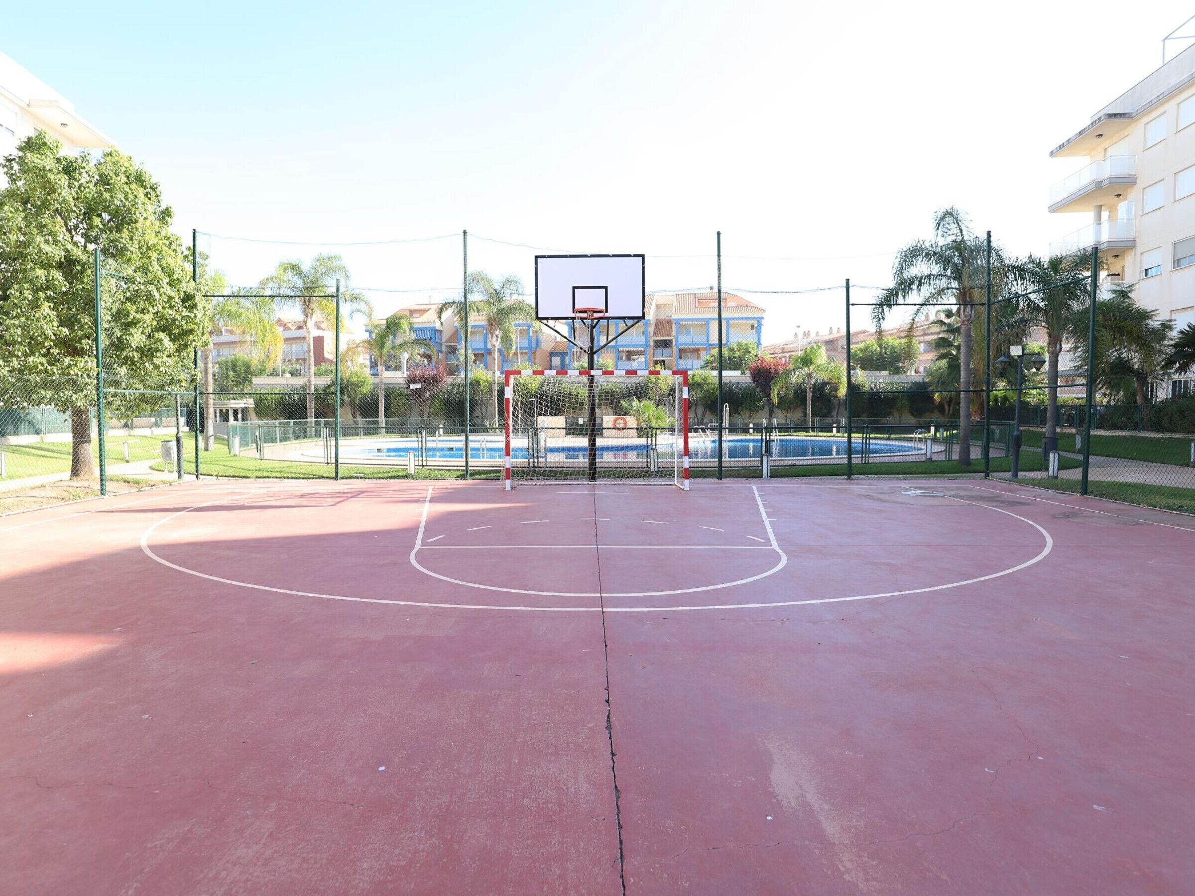 Un terrain de basket en plein air, doté d’un panier, entouré d’une clôture et bordé de palmiers.