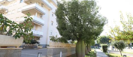 Un edificio residencial de varios pisos con balcones, un sendero pavimentado y un árbol grande al frente.