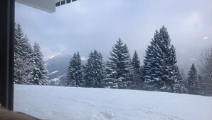 A snowy landscape with evergreen trees and a mountain in the background. - 4-room apartment, 8 people, parking, ski slopes (Saint-Gervais-les-Bains)