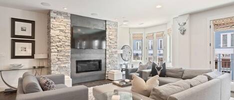 Smart TV, fireplace, video games, DVD player