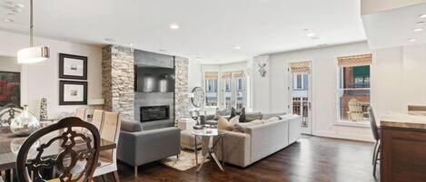 Smart TV, fireplace, video games, DVD player